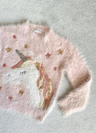 Розовый пудровый пушистый свитер травка с пайетками с единорогом4 фото