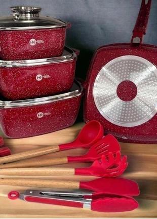 Набір каструль сотейник квадратна сковорода higer kitchen нк-317 з лопатками 14 предметів червоний