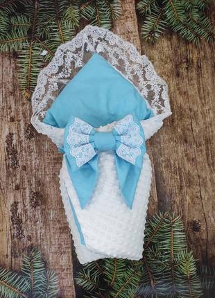 Демисезонный конверт одеяло с кружевом для новорожденных, белый с голубым4 фото