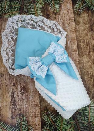 Демисезонный конверт одеяло с кружевом для новорожденных, белый с голубым