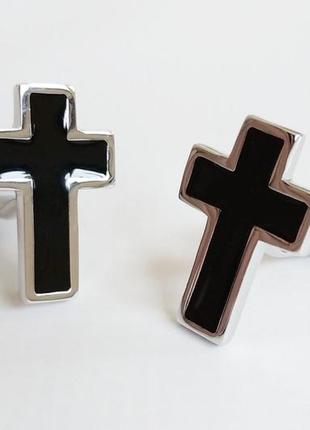 Запонки крест крестик хрестик серебристые с черной эмалью черный крест хрест1 фото