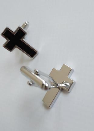 Запонки крест крестик хрестик серебристые с черной эмалью черный крест хрест2 фото
