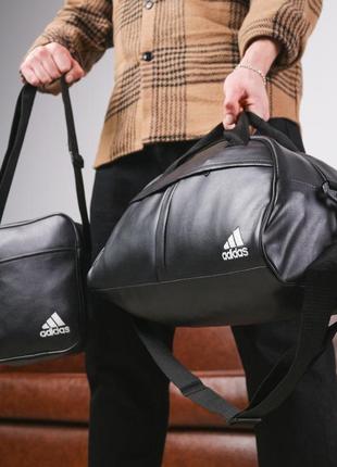 Комплект adidas сумка кожаная мужская женская + барсетка мессенджер через плечо спортивный адидас черный1 фото