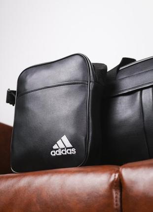 Комплект adidas сумка кожаная мужская женская + барсетка мессенджер через плечо спортивный адидас черный10 фото