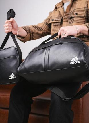 Комплект adidas сумка кожаная мужская женская + барсетка мессенджер через плечо спортивный адидас черный4 фото