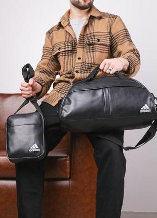 Комплект adidas сумка кожаная мужская женская + барсетка мессенджер через плечо спортивный адидас черный6 фото