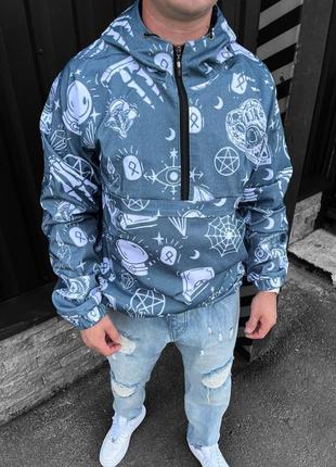 Серый комфортный анорак на подкладке с сатанинским принтом для мужчин