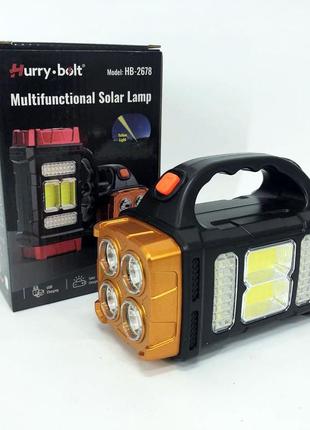 Переносной светодиодный фонарь-повербанк на солнечной батарее hb-2678 25w+2cob. цвет: оранжевый