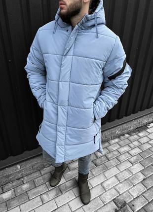 Светло-голубая мужская куртка | зимняя стильная длинная куртка | теплый однотонный голубой пуховик