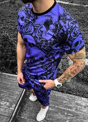 Фіолетовий чоловічий літній спортивний костюм з принтом черепи