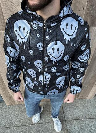 Молодежная черно-серая ветровка | стильная мужская ветровка смайл | молодежная осенняя куртка