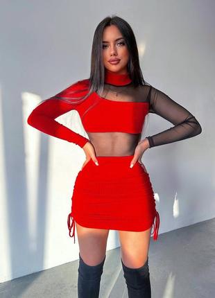 Трендова жіноча сукня зі вставками сітки, комбіноване міні плаття червоне