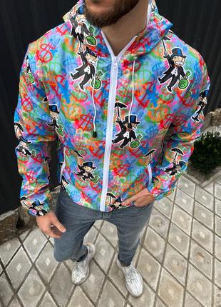 Стильная разноцветная ветровка | мужская осенняя ветровка с капюшоном | молодежная ветровка с принтом