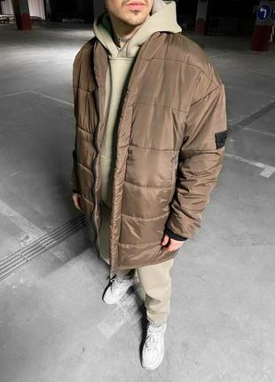 Модная зимняя куртка stone island | стильная длинная куртка без капюшона | однотонный коричневый пуховик