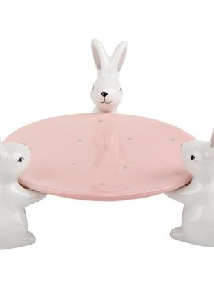 Подставка для десертов, куличей, фруктов "белые кролики", розовая, 18 см*11,5 см