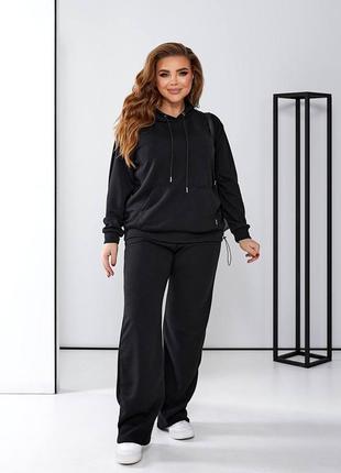 Трикотажный костюм молочный черный лаванда зелёный мокко синий серый прямые брюки штаны палаццо худи толстовка кенгуру с капюшоном батал  
🔥