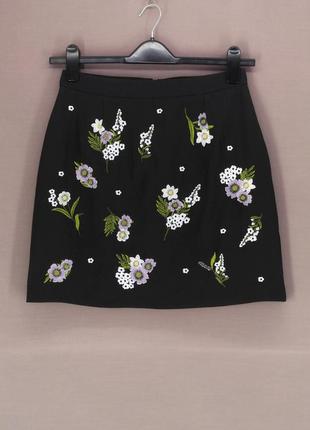 Брендовая черная юбка "new look" с цветочной вышивкой. размер uk10/eur38.5 фото