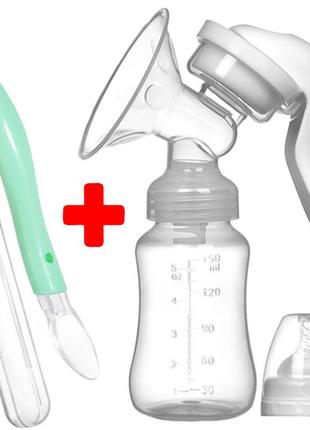 Ручний молоковідсмоктувач purple berry rabbit 150 мл із соскою та силіконова ложка в контейнері зелений v-11678