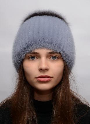 Женская зимняя вязаная норковая шапка бубон-разрез джинс