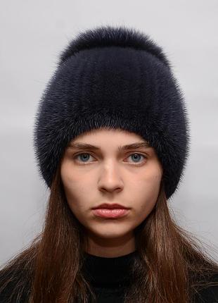 Женская зимняя вязаная норковая шапка бубон-разрез синий ирис