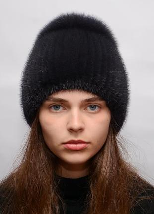 Женская зимняя вязаная норковая шапка бубон-разрез баклажан