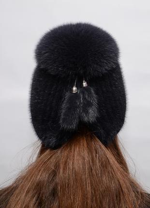 Женская зимняя вязаная норковая шапка бубон-разрез баклажан3 фото