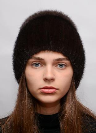 Женская зимняя вязаная норковая шапка бубон-разрез махагон1 фото