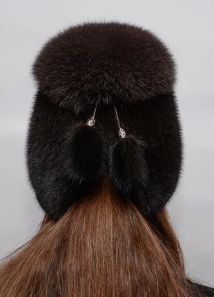 Женская зимняя вязаная норковая шапка бубон-разрез махагон3 фото