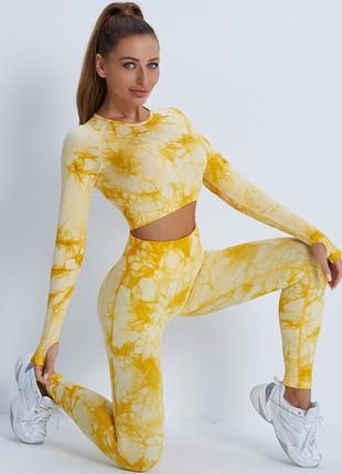 Женский костюм спортивный бесшовный для фитнеса и йоги с утяжкой желтый комплект 2 в 12 фото