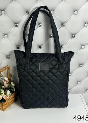 Большая женская сумка шоппер тканевая плащовка стеганая черная
