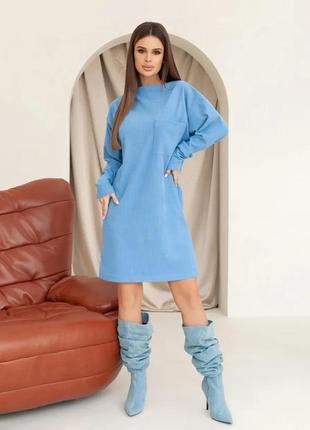 Голубое свободное платье с накладным карманом размер s4 фото