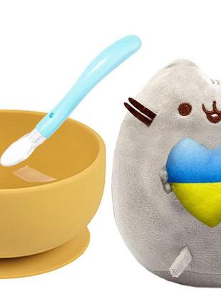 Мягкая игрушка пушин кэт pusheen cat s&t с сердцем, глубокая тарелка y28 и силиконовая ложка голубая (v-10551)