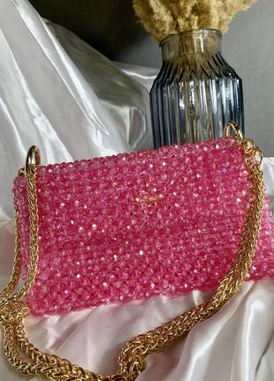 Рожева сумка з кришталевих намистин ручної роботи8 фото