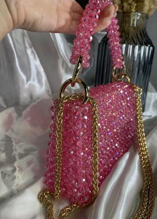 Рожева сумка з кришталевих намистин ручної роботи9 фото