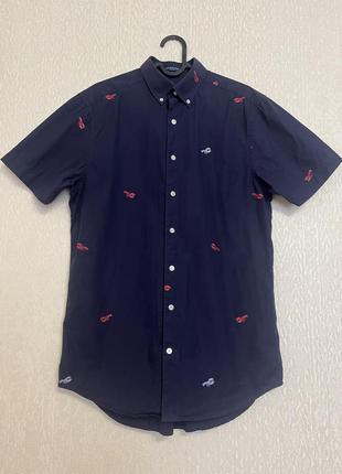 Gant 🦞  премиум рубашка темно-синяя с вышитыми лобстерами  100% хлопок короткий рукав мужская р. s2 фото