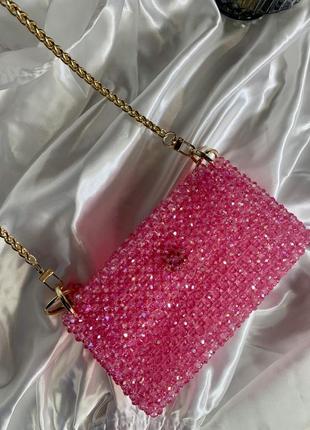 Рожева сумка з кришталевих намистин ручної роботи4 фото