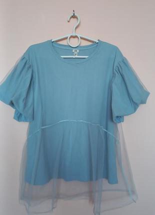Блакитна святкова блуза з фатіну, нарядная футболка, футболочка святкова фатинова 50-52 р.