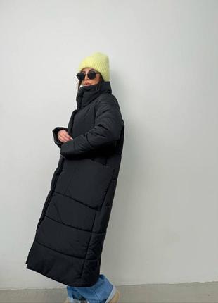 Теплая длинная дутая стеганая зимняя куртка на экопух, объемная куртка на зиму с глубокими карманами на кнопках4 фото