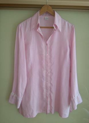 Розовая льняная рубашка с кружевом camaieu (испания) 100% лён