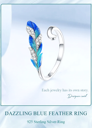 Елегантна срібна каблучка у вигляді пера з яскравою емаллю та цирконами! розмір регулюється!