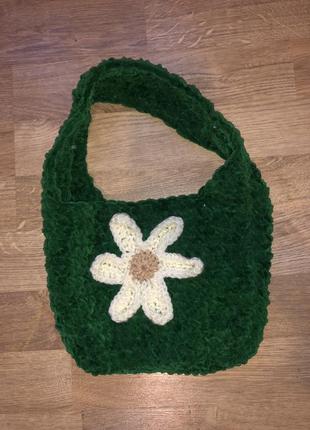 Вязаная сумка ручной работы ромашка зеленый цветочек
