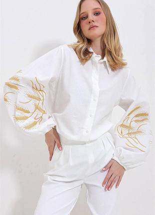 Женская белая вышитая блуза, вышиванка с вышитыми рукавами, колорки пшеницы