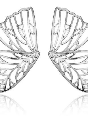 Стильні ефектні сріблясті сережки метелики кульчики пусети1 фото