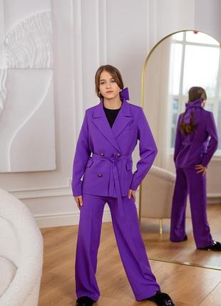 Костюм детский подростковый брючный для девочки двубортный пиджак, брюки, нарядный, фиолетоаый