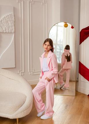 Костюм детский, подростковый, брючный для девочки двубортный пиджак, брюки, нарядный, розовый