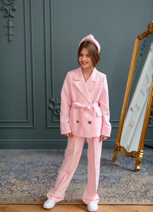Костюм детский, подростковый, брючный для девочки двубортный пиджак, брюки, нарядный, розовый