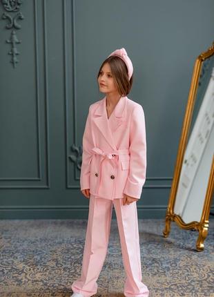 Костюм детский, подростковый, брючный для девочки двубортный пиджак, брюки, нарядный, розовый
