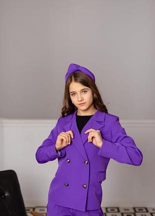Костюм детский подростковый брючный для девочки двубортный пиджак, брюки, нарядный, фиолетоаый