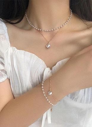Вишуканий перловий набір підвіска і довгі сережки перли вечірній весільний комплект перлина кулон