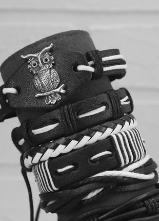 Комплект мужских кожаных браслетов на руку с "owl" (в комплекте 6 браслетов)
